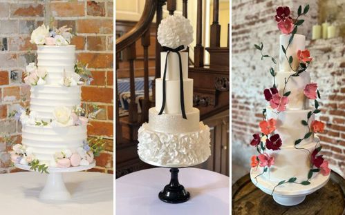 A collage of multi-tiered wedding cakes featuring sugar and icing flowers.